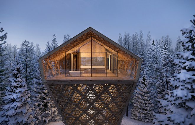 Hotel de Madera austriaco se compone de estructuras de madera inmersas en medio de un bosque