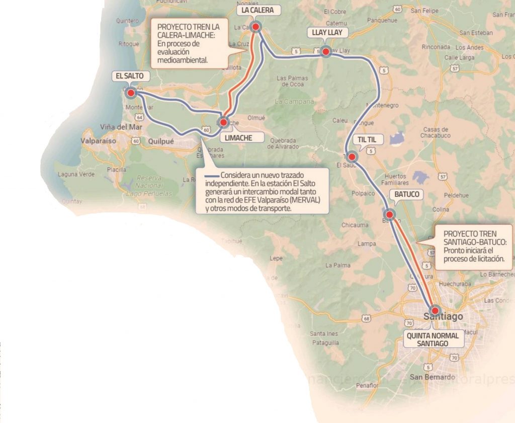 Ruta del tren Valparaíso-Santiago será por Tiltil y EFE administrará el servicio